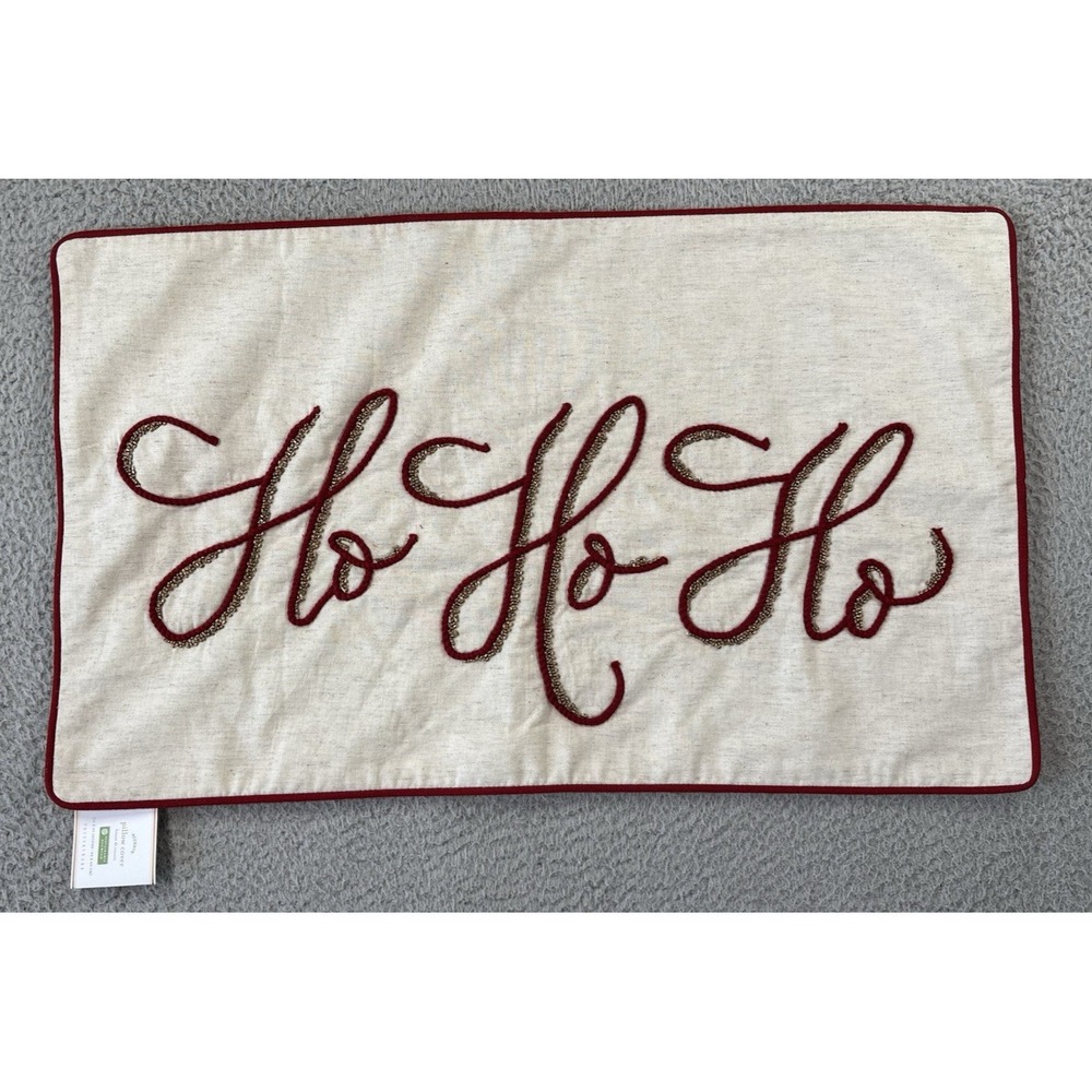 Pottery Barn HO HO HO Embroidered Christmas Pillow‎ Cover 16" x 26" NWT